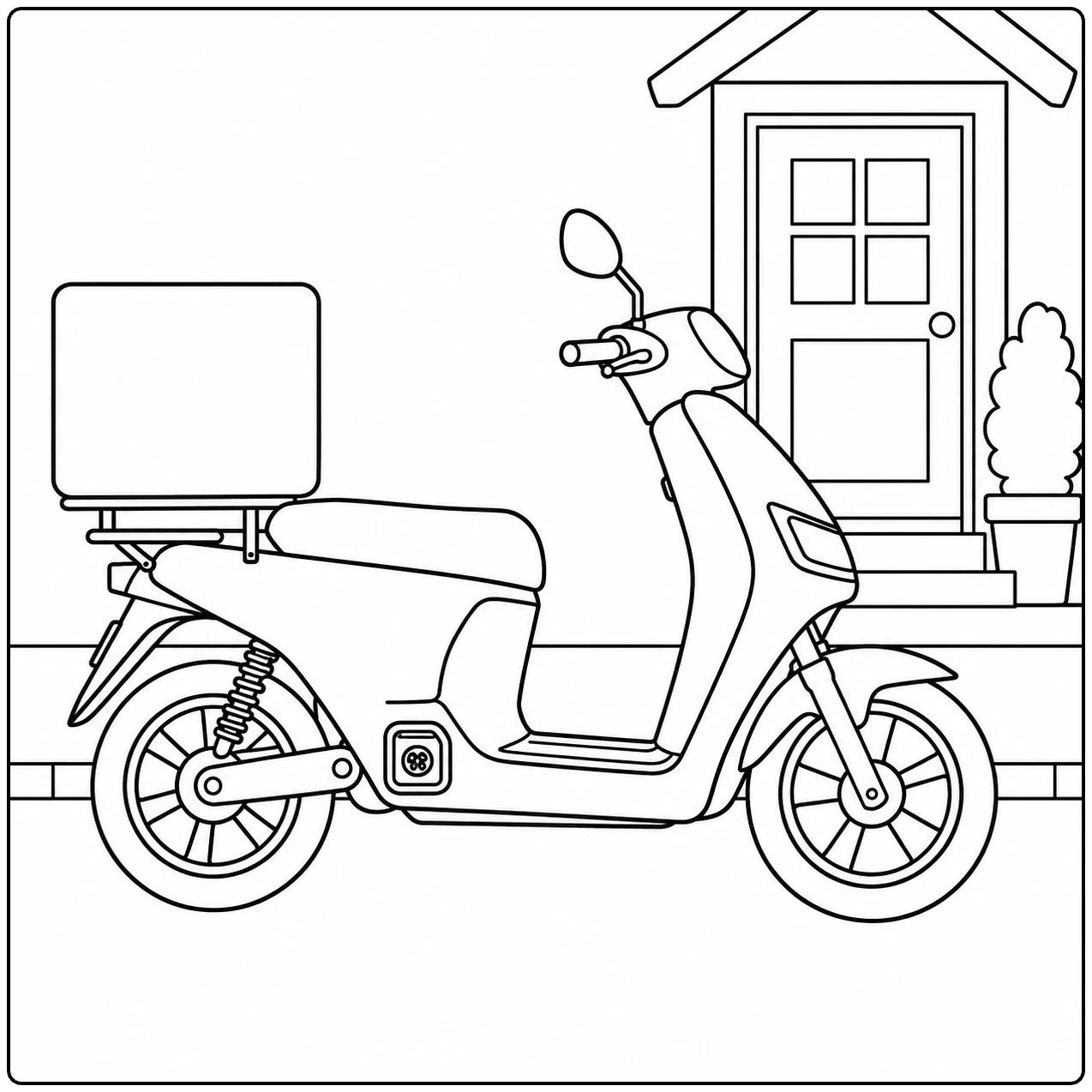 Bezorgscooter in zijaanzicht met een grote laadbox achterop en een huisdeur op de achtergrond.
