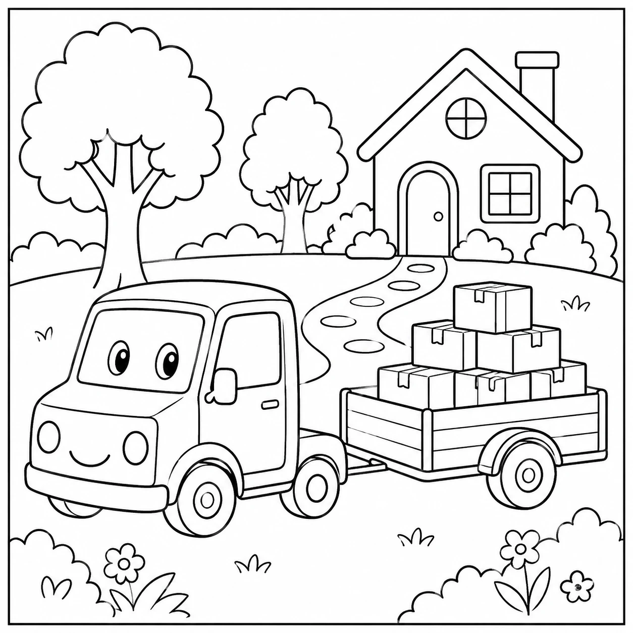 Kleine bezorgtruck met dozen rijdt over een slingerpad naar een huis tussen bomen.