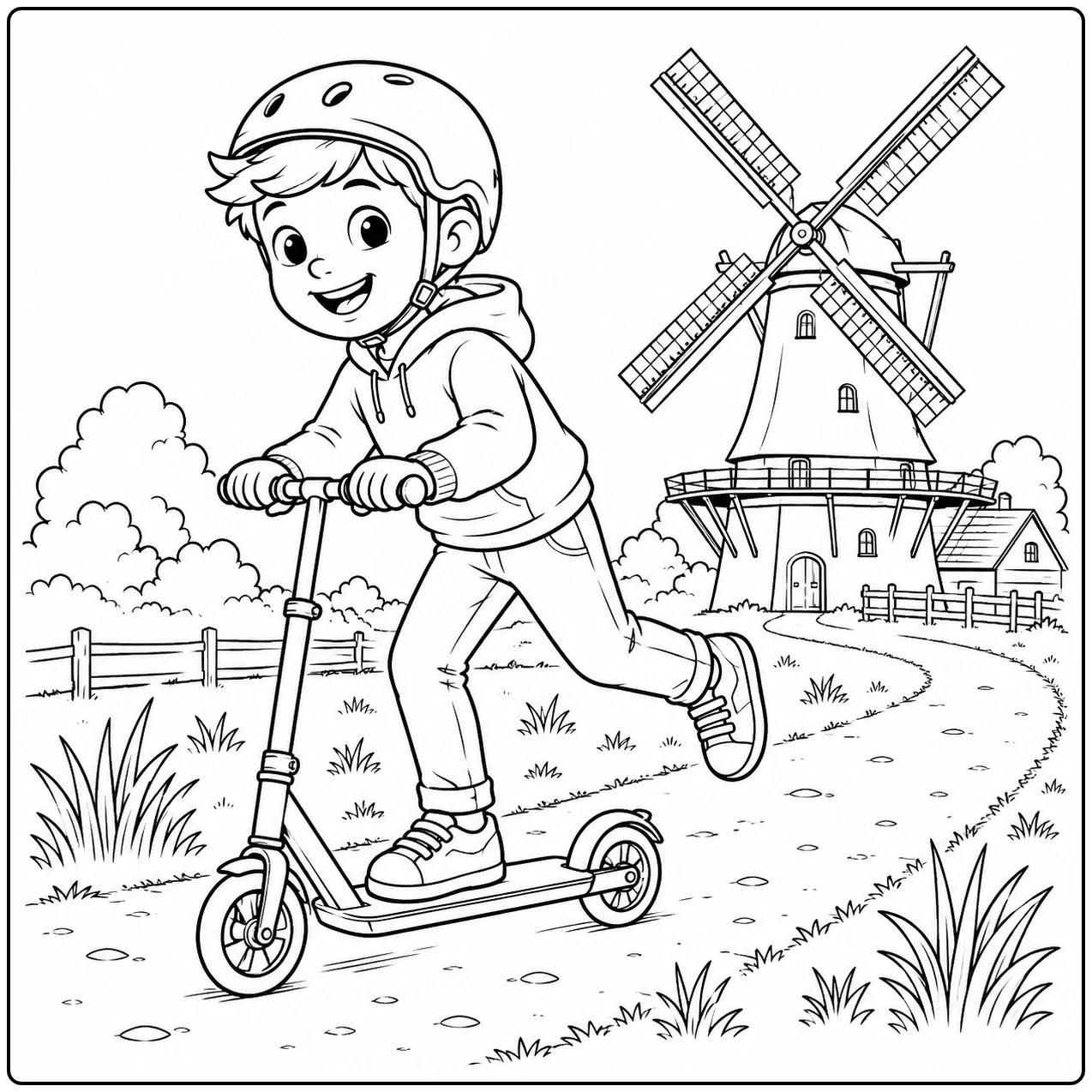 Jonge stepper rijdt door het landschap, met een windmolen achter deze kleurplaat step