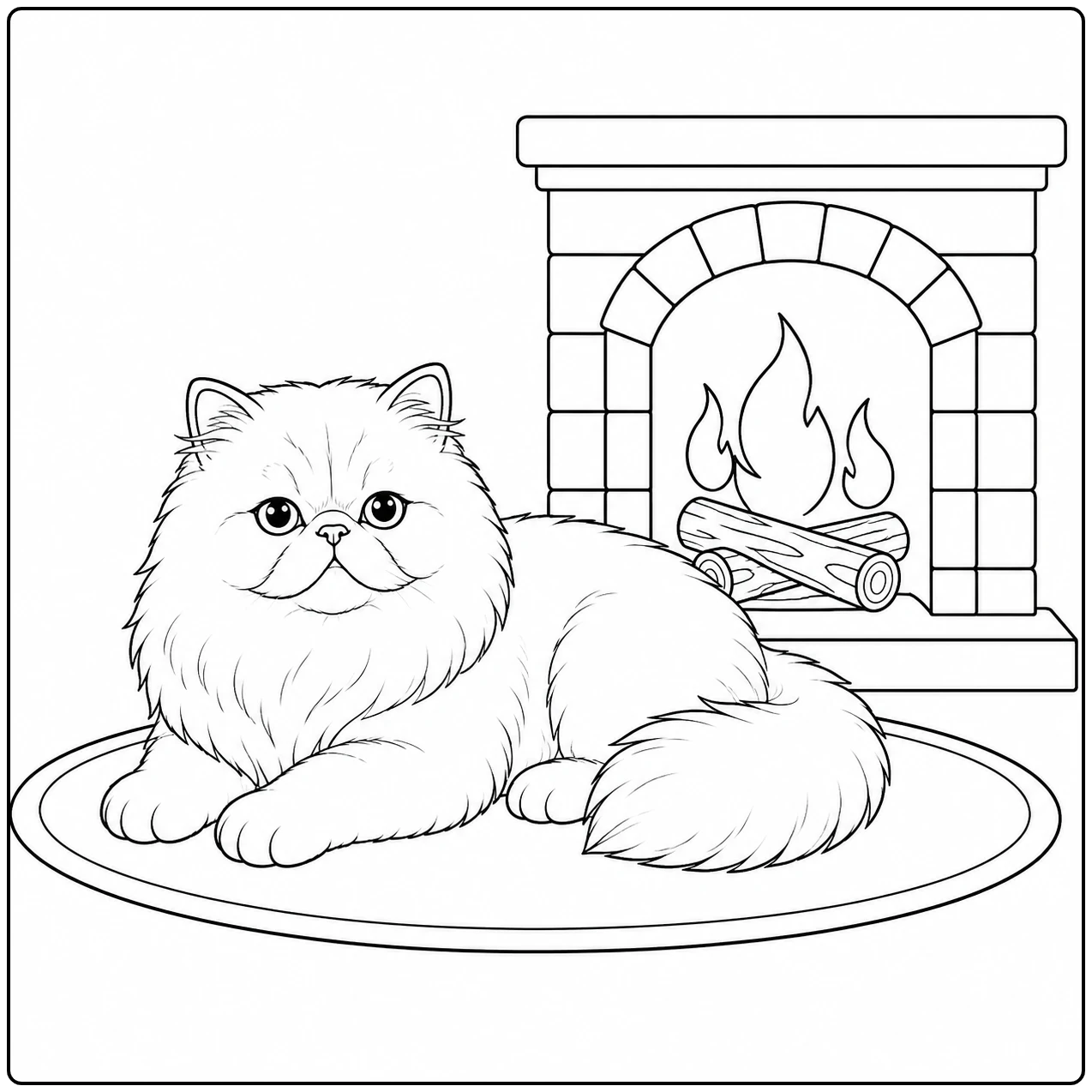 Pluizige kat ligt ontspannen op een rond kleed voor een brandende open haard.