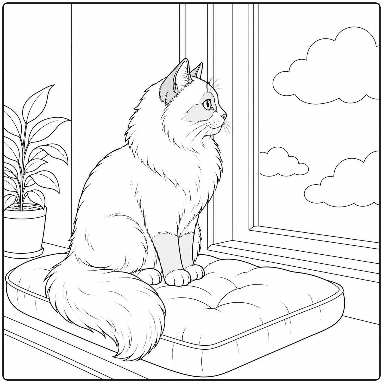 Kleurplaat heilige birmaan met een zittende kat op een vensterkussen, naast een kamerplant en wolken buiten.