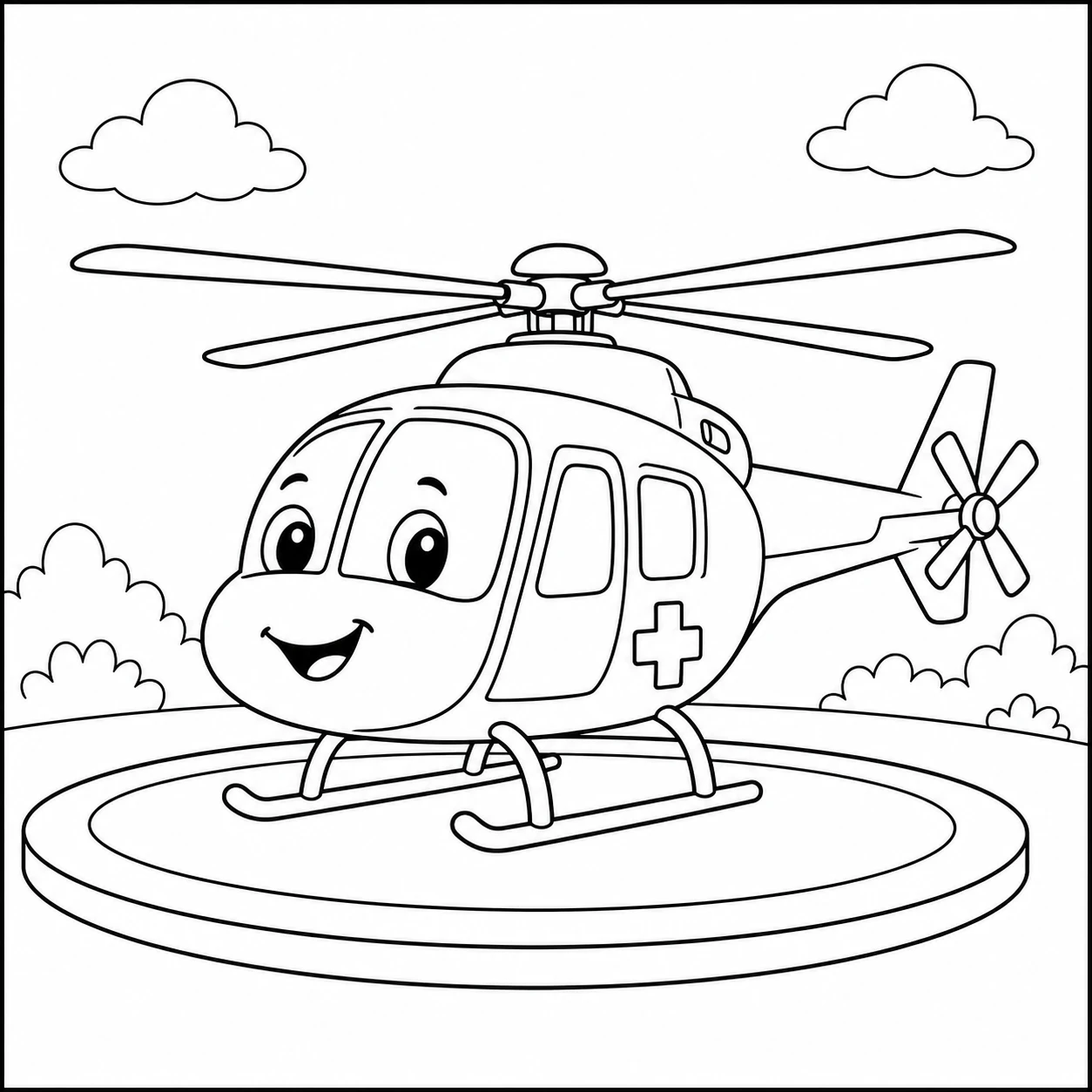 Vrolijke kleurplaat ambulance helicopter op een ronde helikopterplaats met wolken en struiken