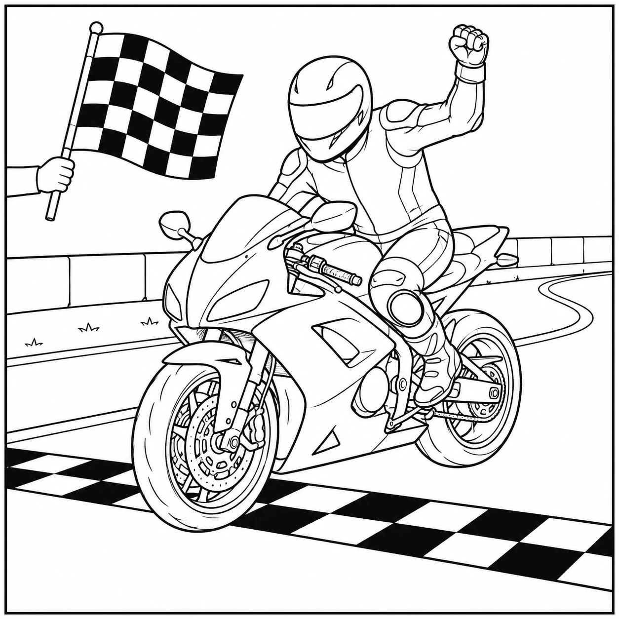 Juichende coureur rijdt over de finish bij een geblokte vlag, kleurplaat motor kawasaki