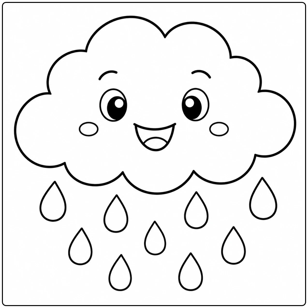 Lachende regenwolk op een Wolken Kleurplaat met meerdere grote druppels eronder.