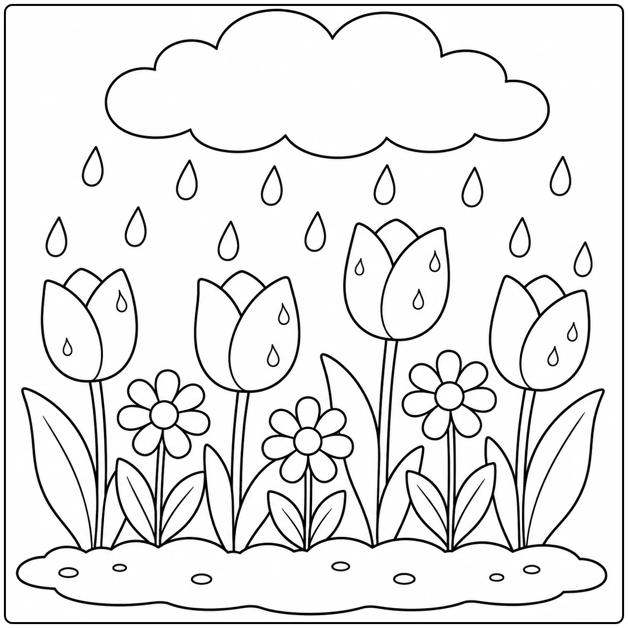 Tulpen en madeliefjes krijgen water onder een regenwolk in deze Regen Kleurplaat