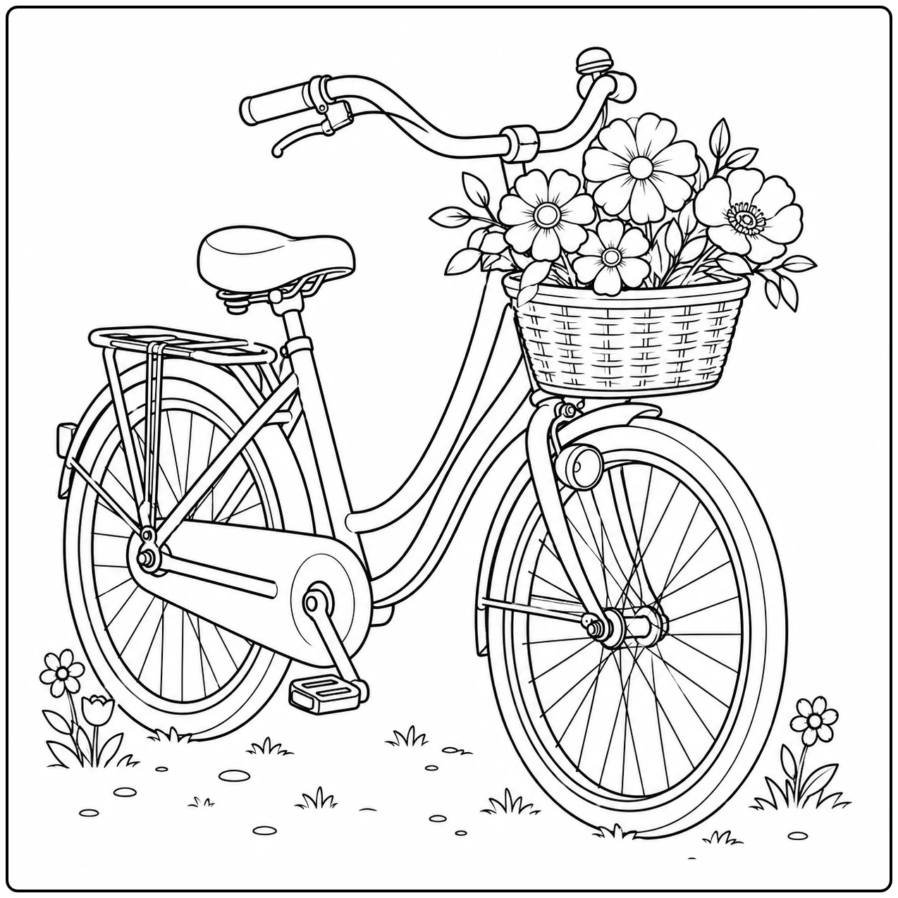 Elegante fiets met een volle bloemenmand voorop, omringd door kleine bloemen en grassprietjes