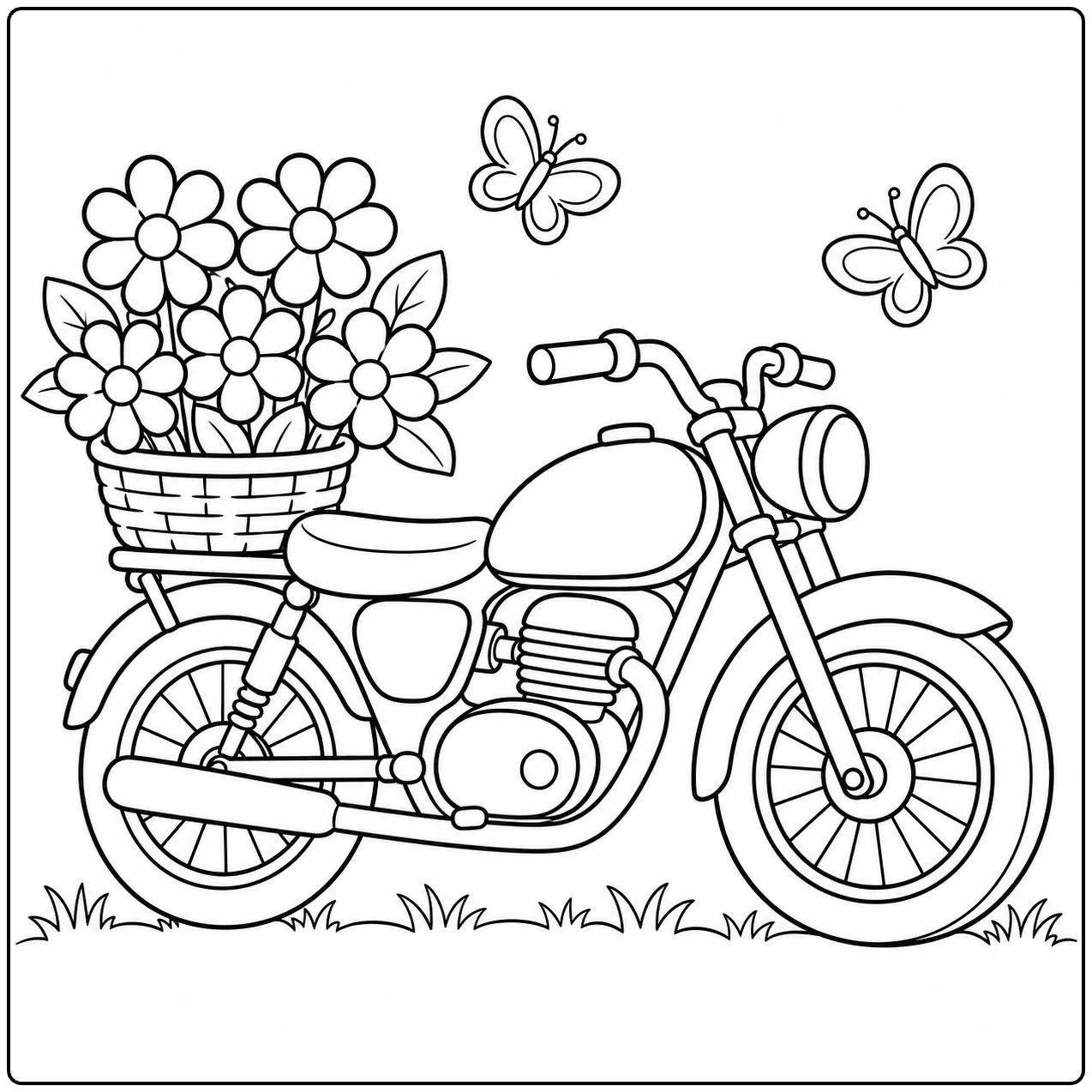 Motorfiets met een volle bloemenmand, omringd door vlinders en kleine grasplukjes