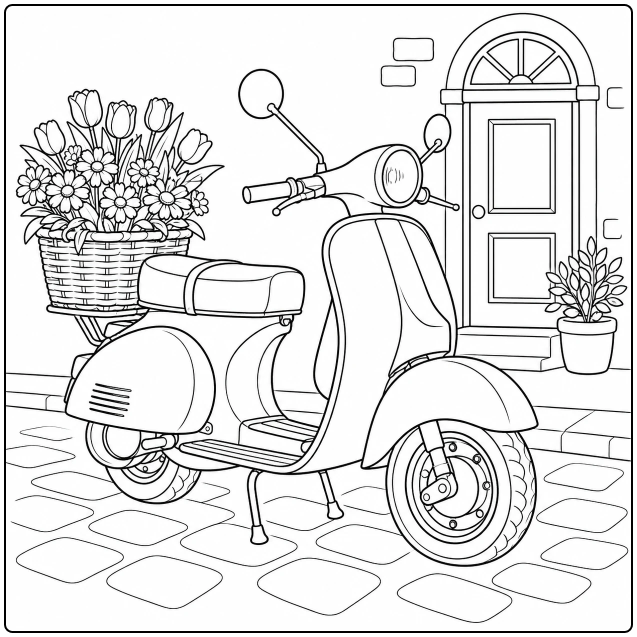 Klassieke scooter met een mand vol tulpen staat op klinkers voor een huisdeur met bloempot.