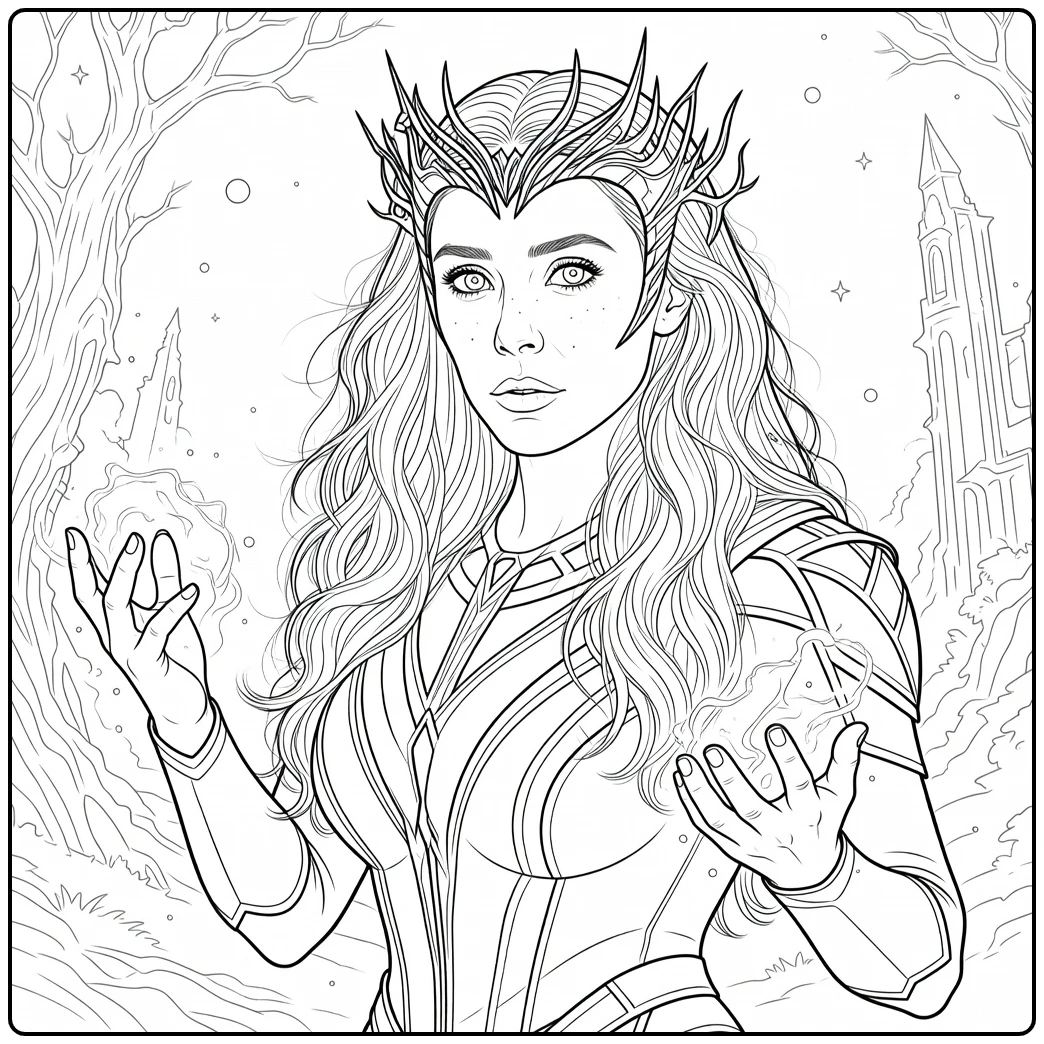 Vrouw met lang golvend blond haar, paarse ogen en een puntige kroon die roze energie uitstraalt Scarlet Witch Kleurplaat