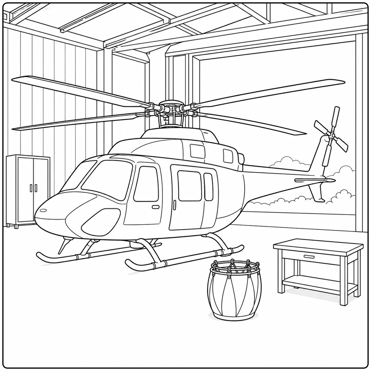 Brandweerhelikopter staat in een ruime hangar naast een waterzak en een werkbank
