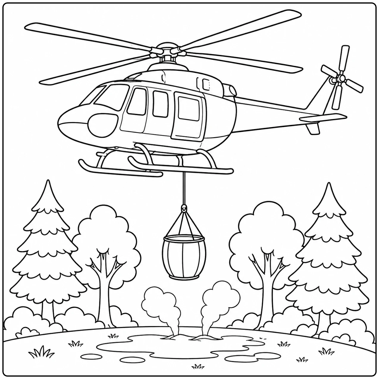 Boven een open bosplek vliegt een kleurplaat brandweer helicopter met een hangende waterzak