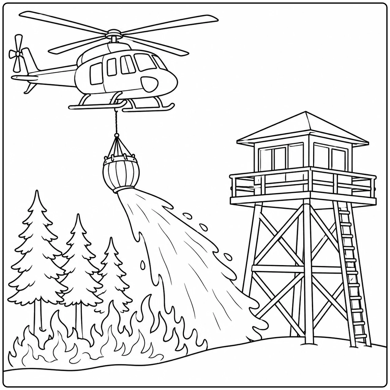 Een kleurplaat brandweer helicopter blust vlammen naast een hoge uitkijktoren in het bos