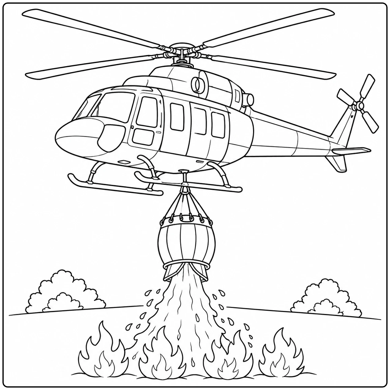 Een kleurplaat brandweer helicopter die water uit een hangende zak over vlammen stort