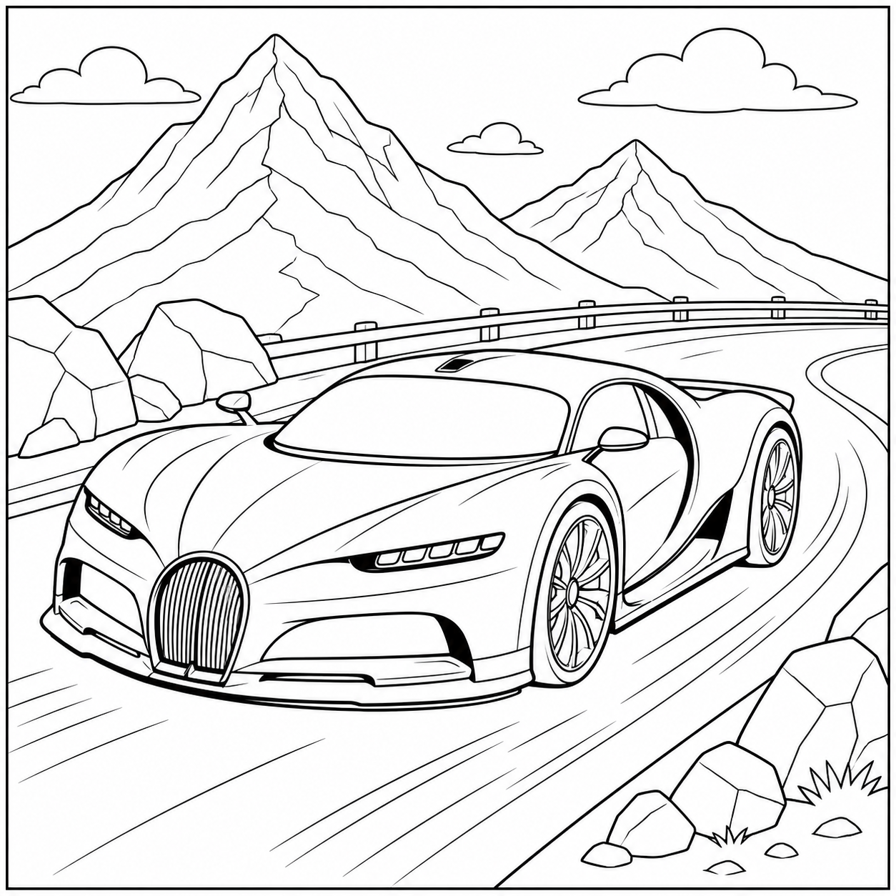 Snelle Bugatti volgt een kronkelende bergweg tussen hoge pieken en rotsachtige bermen.