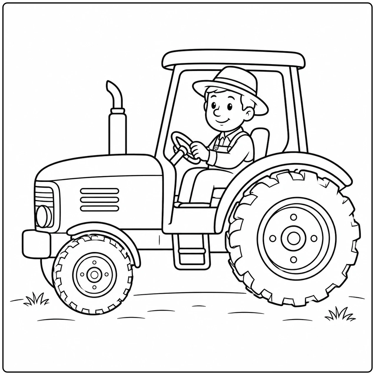 Lachende boer bestuurt een eenvoudige tractor met grote achterband en kleine grasplukjes