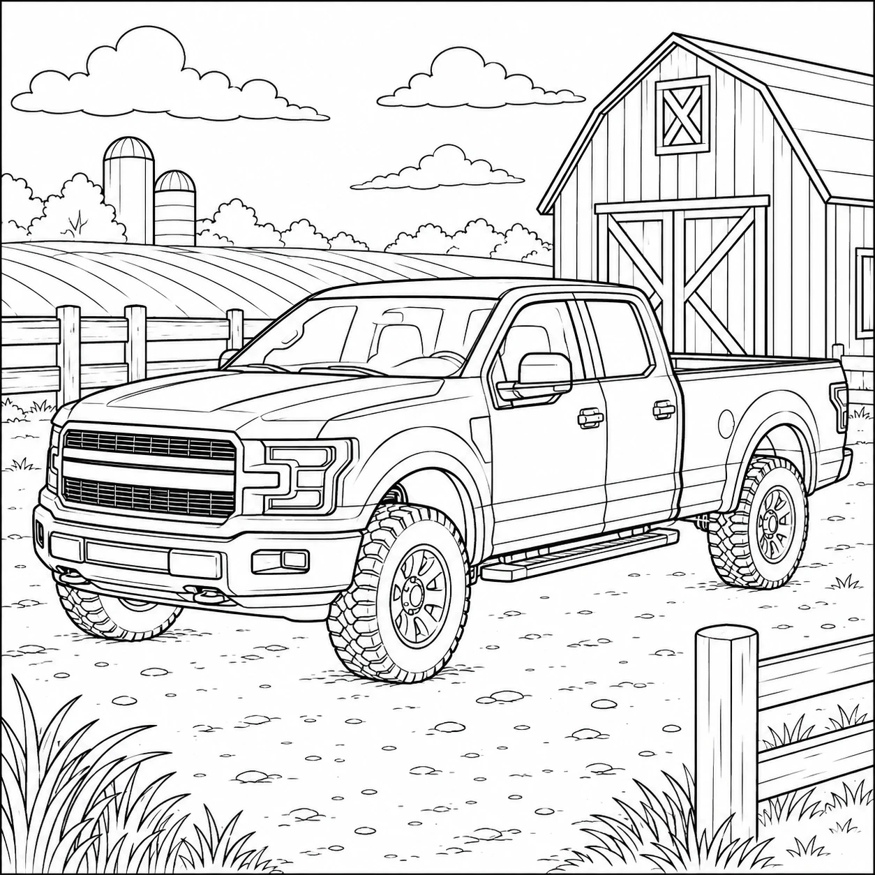 Sterke pick-up auto bij een boerderij met hekwerk en open landschap om te kleuren