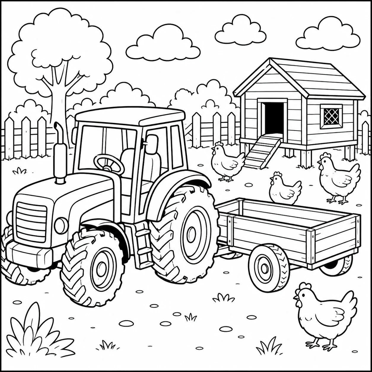 Landbouwtractor met kar bij een kippenhok en dieren op het boerenerf