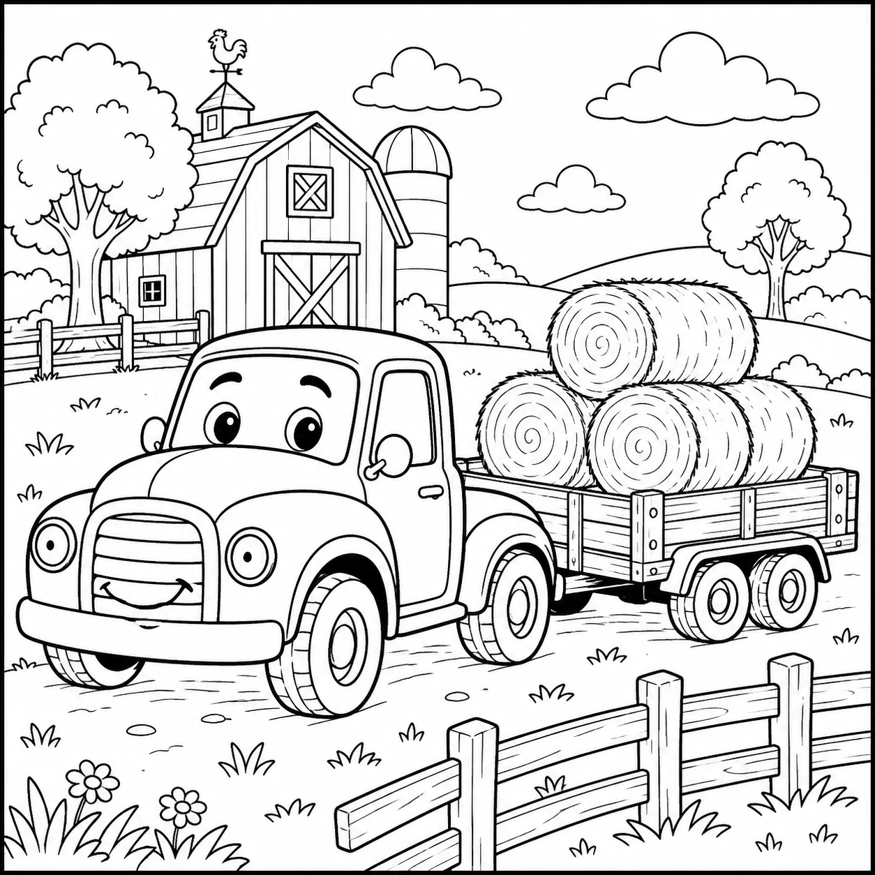 Vrolijke boerderijtruck trekt een wagen met ronde hooibalen langs een schuur en houten hek.
