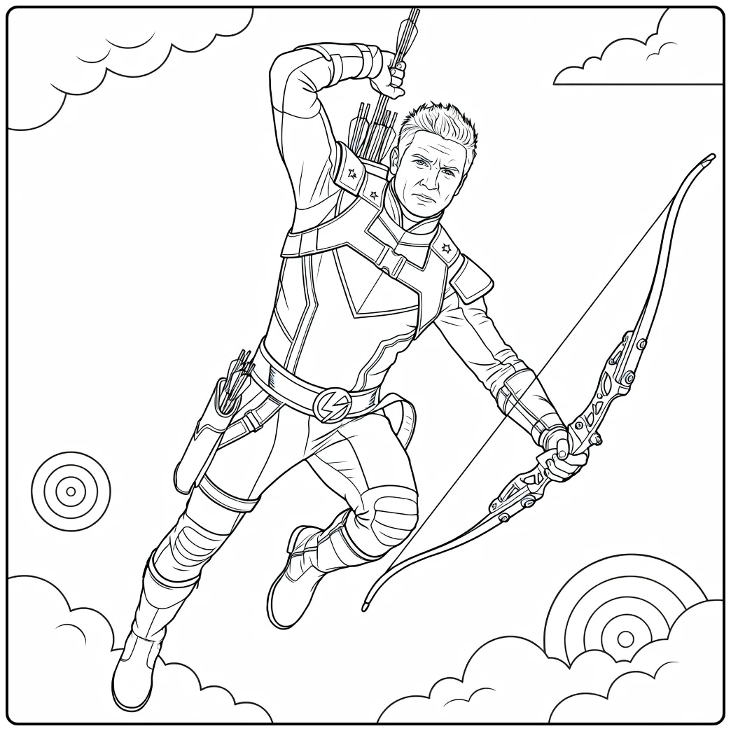 Hawkeye Kleurplaat van een gespierde boogschutter in dynamische mid-air pose met pijl en boog