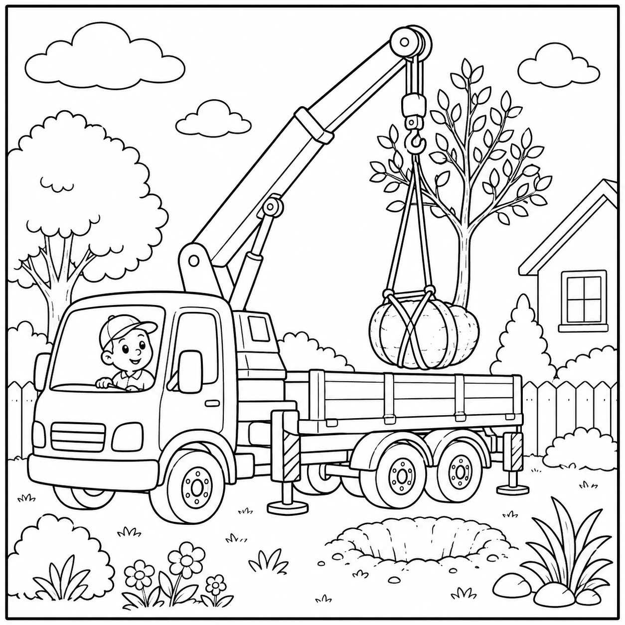 Vrachtwagen met kraan verplaatst een grote boom met wortelkluit naar een tuin.