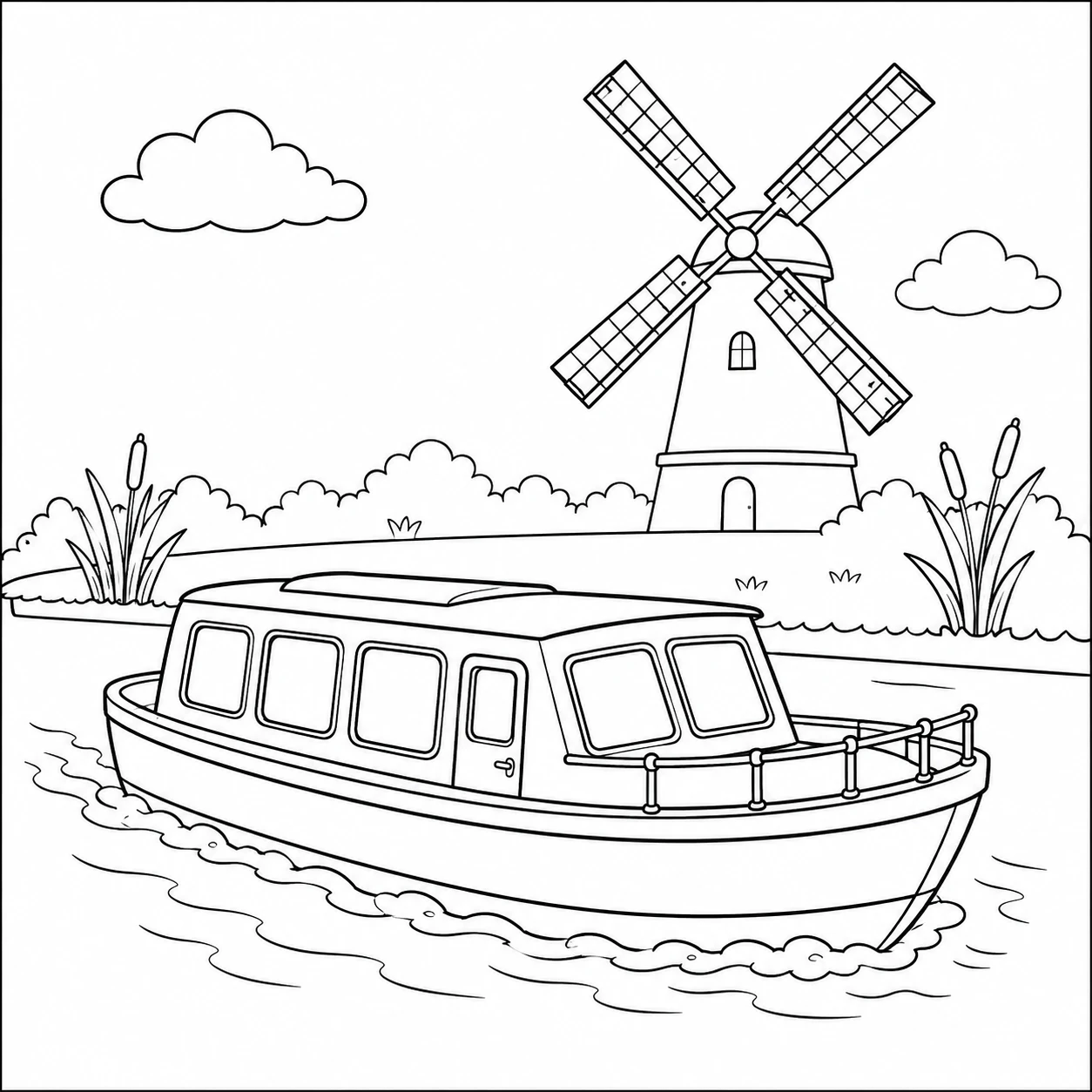 Rondvaartboot vaart voor een windmolen tussen riet en wolken, als kleurplaat boot