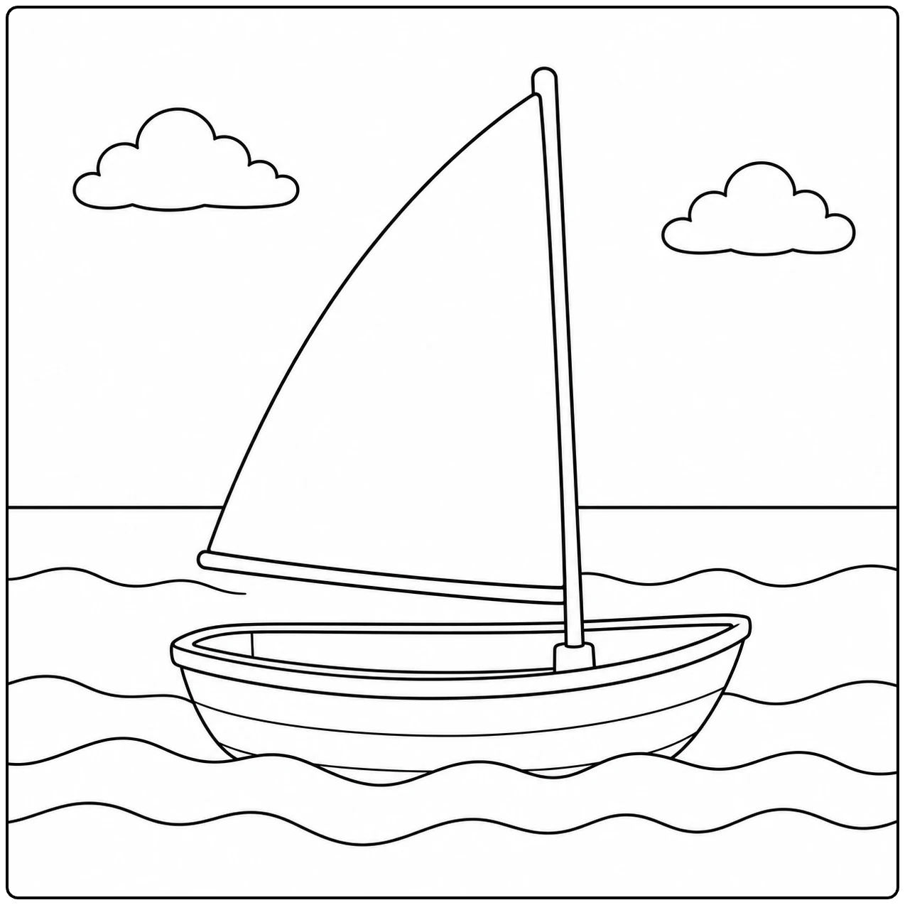 Eenvoudige zeilboot drijft op kalme golven met een groot zeil, horizon en twee wolken
