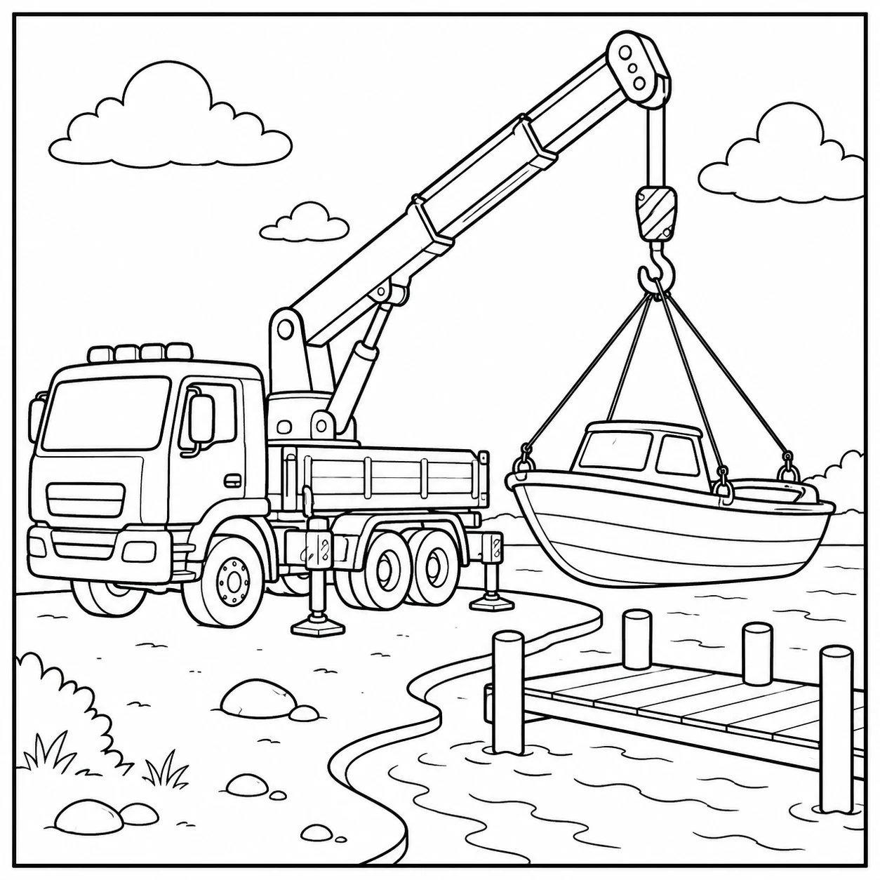 Mobiele kraantruck brengt een boot omhoog bij een rustige waterkant met palen.