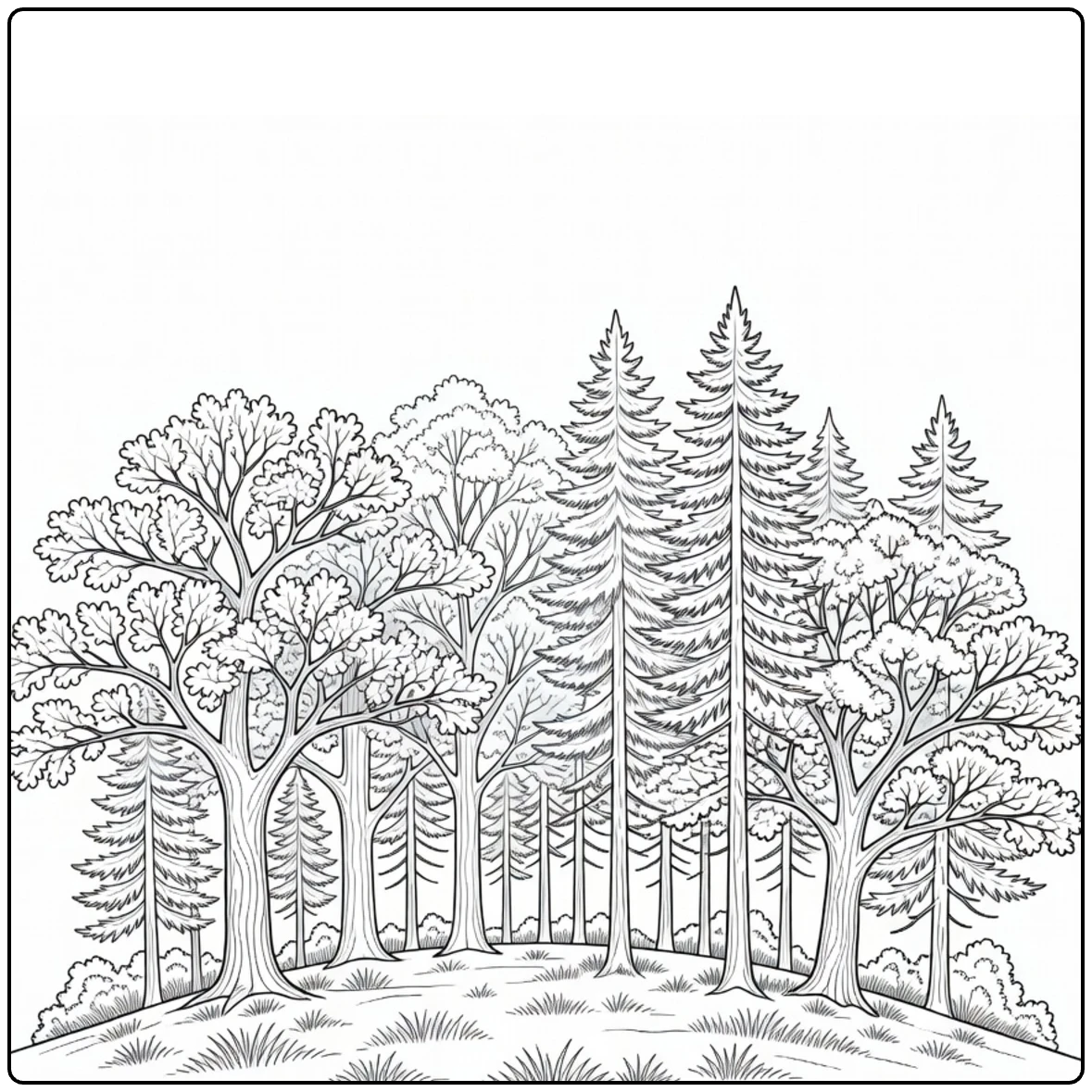 Bosbomen Kleurplaat met eiken en dennen op bosrug