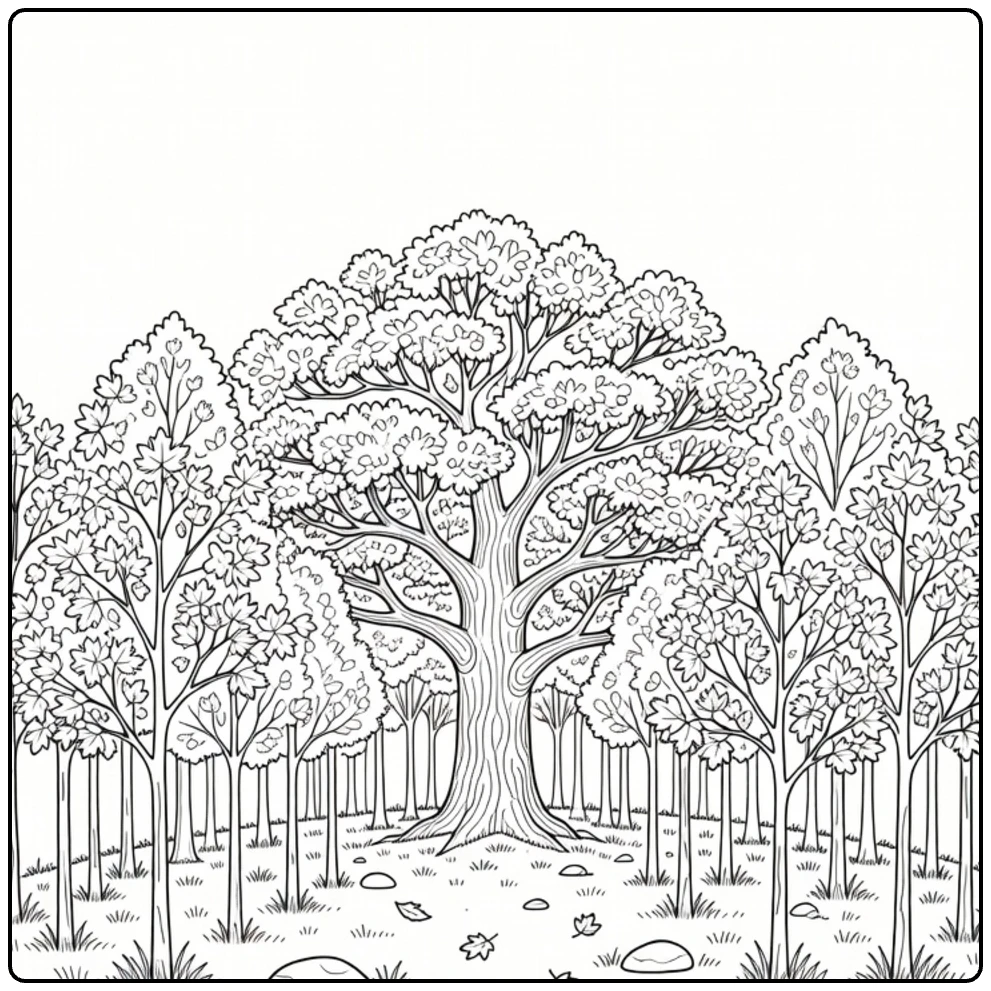 Bosbomen Kleurplaat met esdoorns rond oude eik