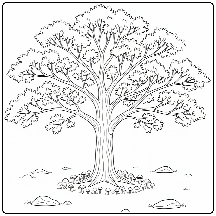 Bosbomen Kleurplaat van eikenboom met paddenstoelen en rotsen