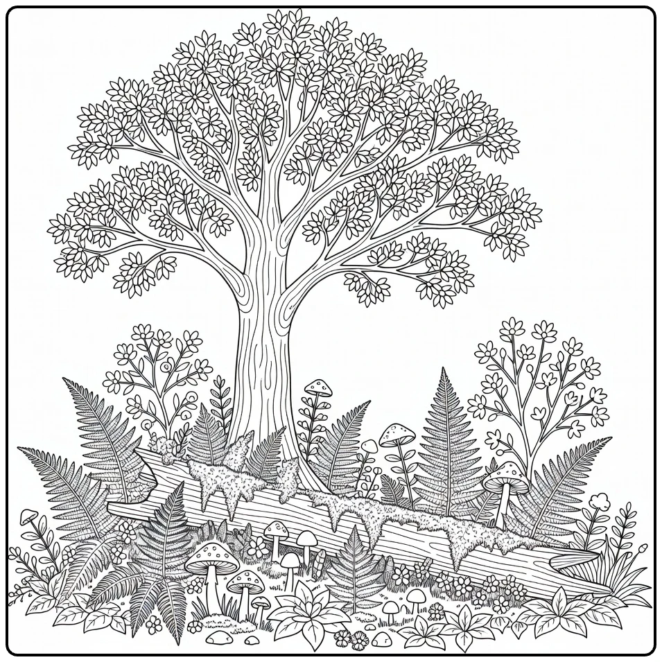 Bosbomen Kleurplaat met hoge boom en mosstam