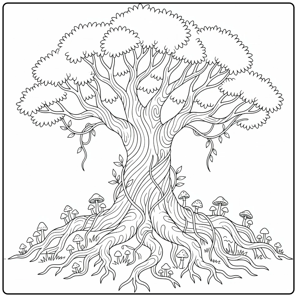Bosbomen Kleurplaat met eeuwenoude boom en wortels