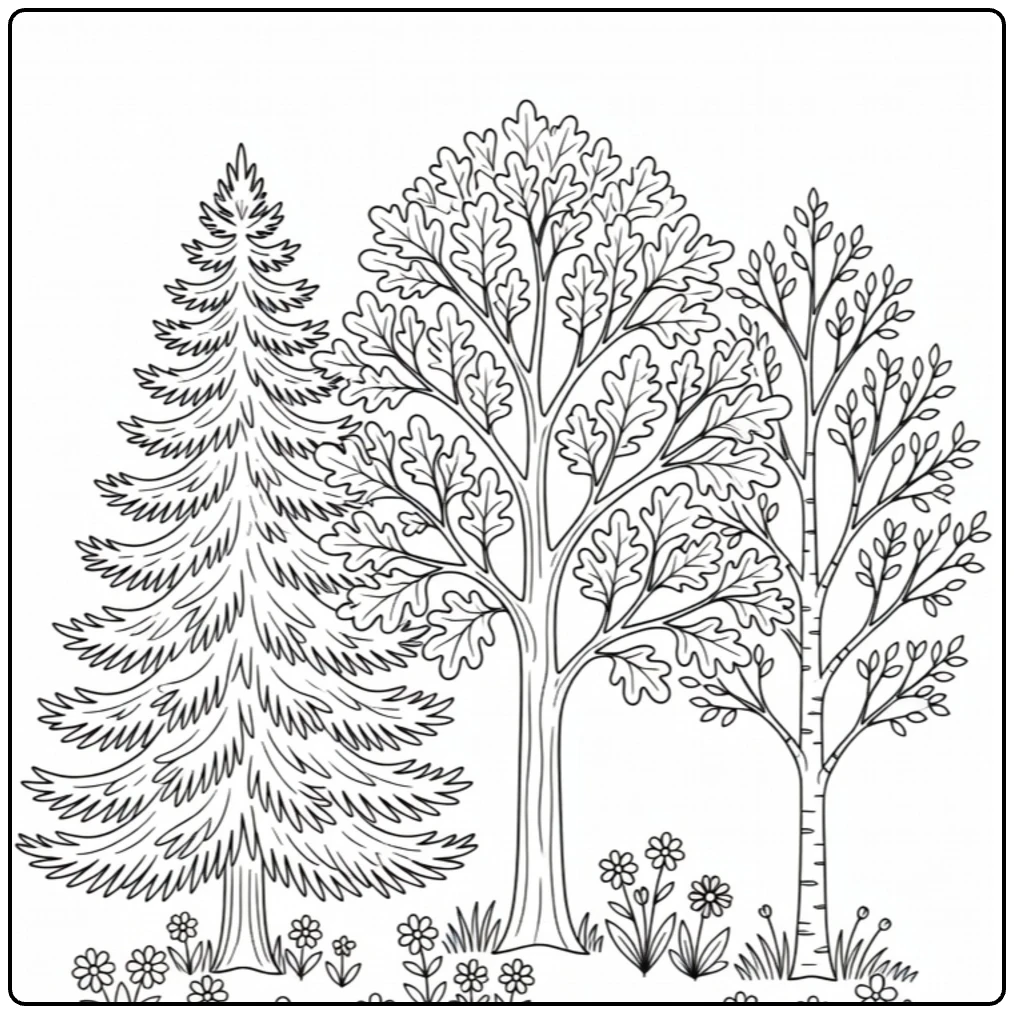 Bosbomen Kleurplaat met drie bomen en wilde bloemen