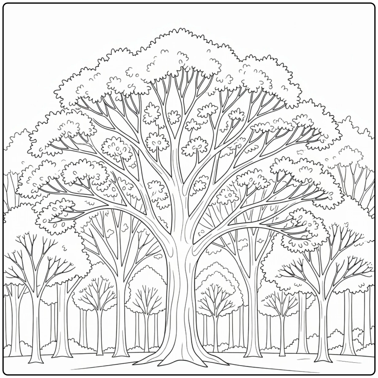 Bosbomen Kleurplaat met jonge bomen rond mature boom