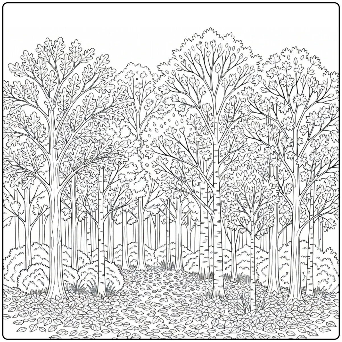 Bosbomen Kleurplaat dichte boshoek met loofbomen