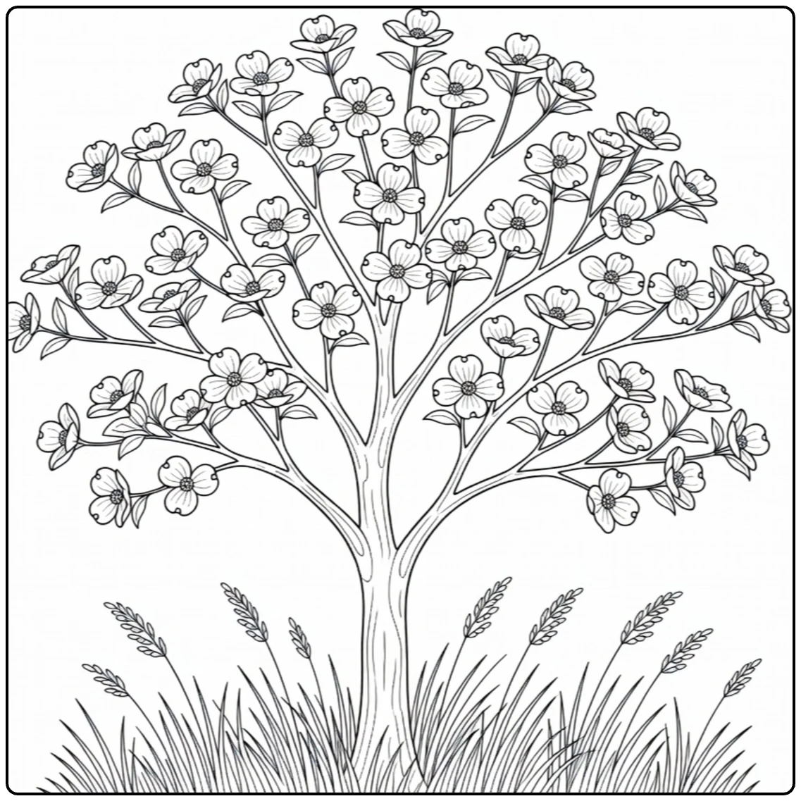 Bosbomen Kleurplaat bosrand met kornoelje en grassen