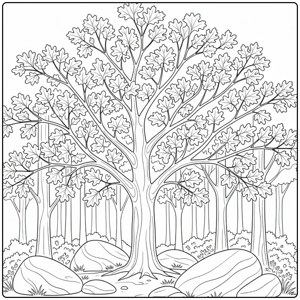 Bosbomen Kleurplaat met plataan en keien in bosglade