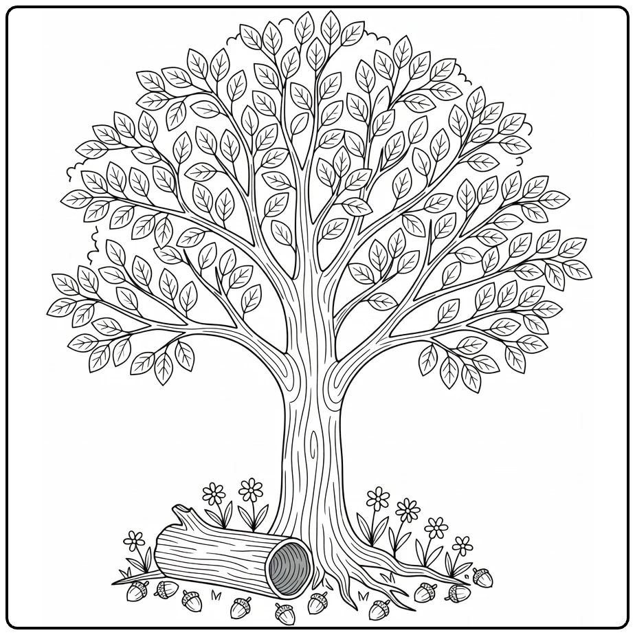 Bosbomen Kleurplaat met beuk, holle stam en eikels