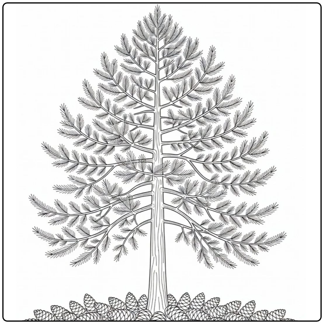 Bosbomen Kleurplaat met lariks en gevallen kegels