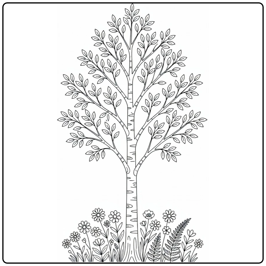 Bosbomen Kleurplaat met gracieuze berk en wilde bloemen