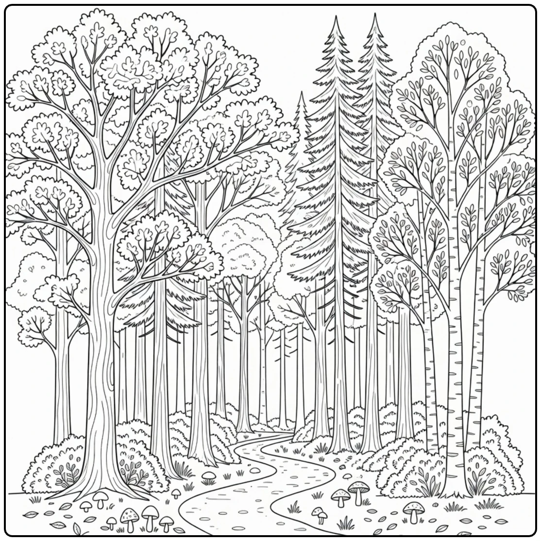 Bosbomen Kleurplaat met eiken dennen berken en pad