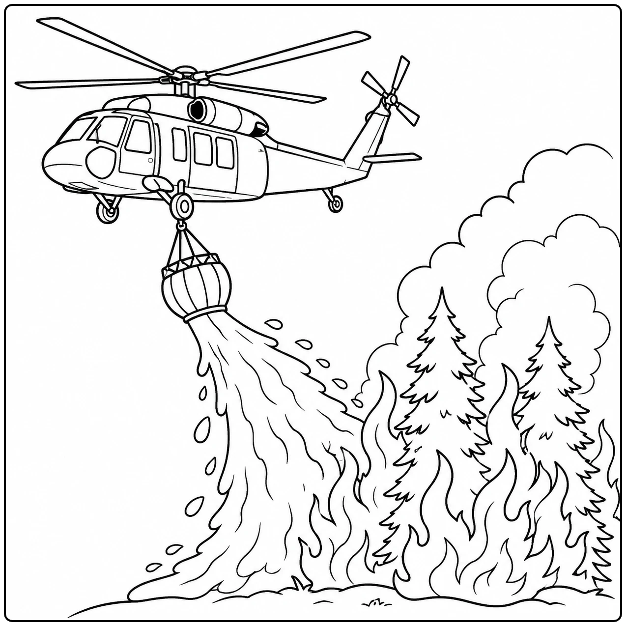 Brandweerhelikopter bestrijdt een bosbrand tussen hoge dennenbomen met bluswater