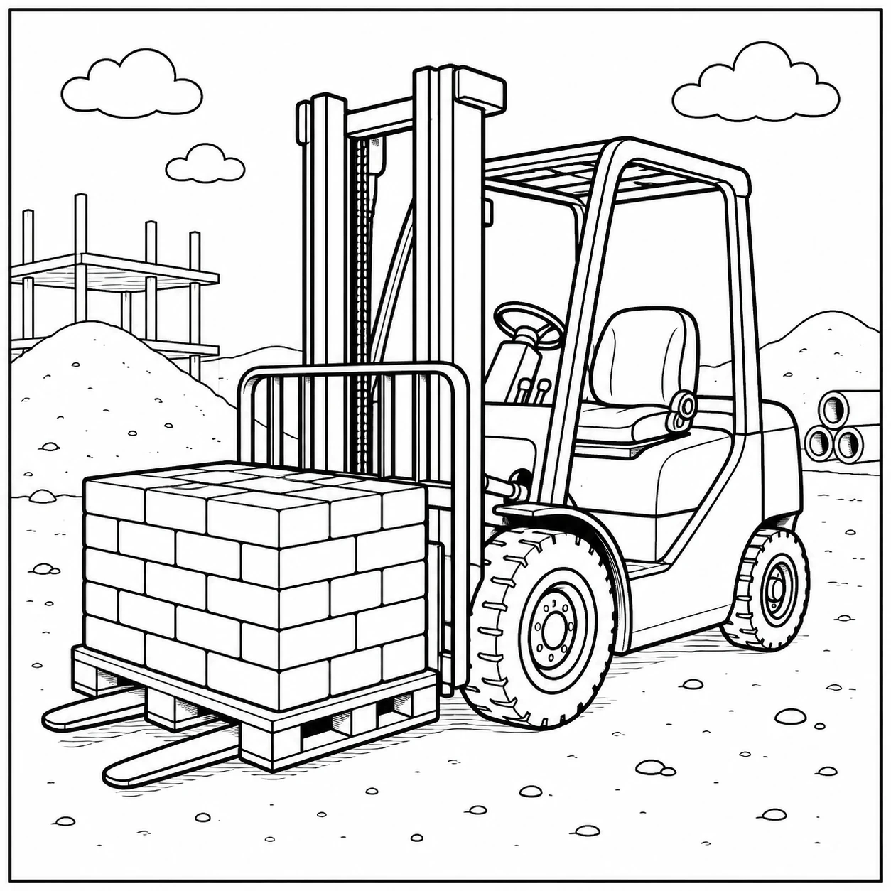 Kleurplaat heftruck met stenen op een pallet in een bouwomgeving