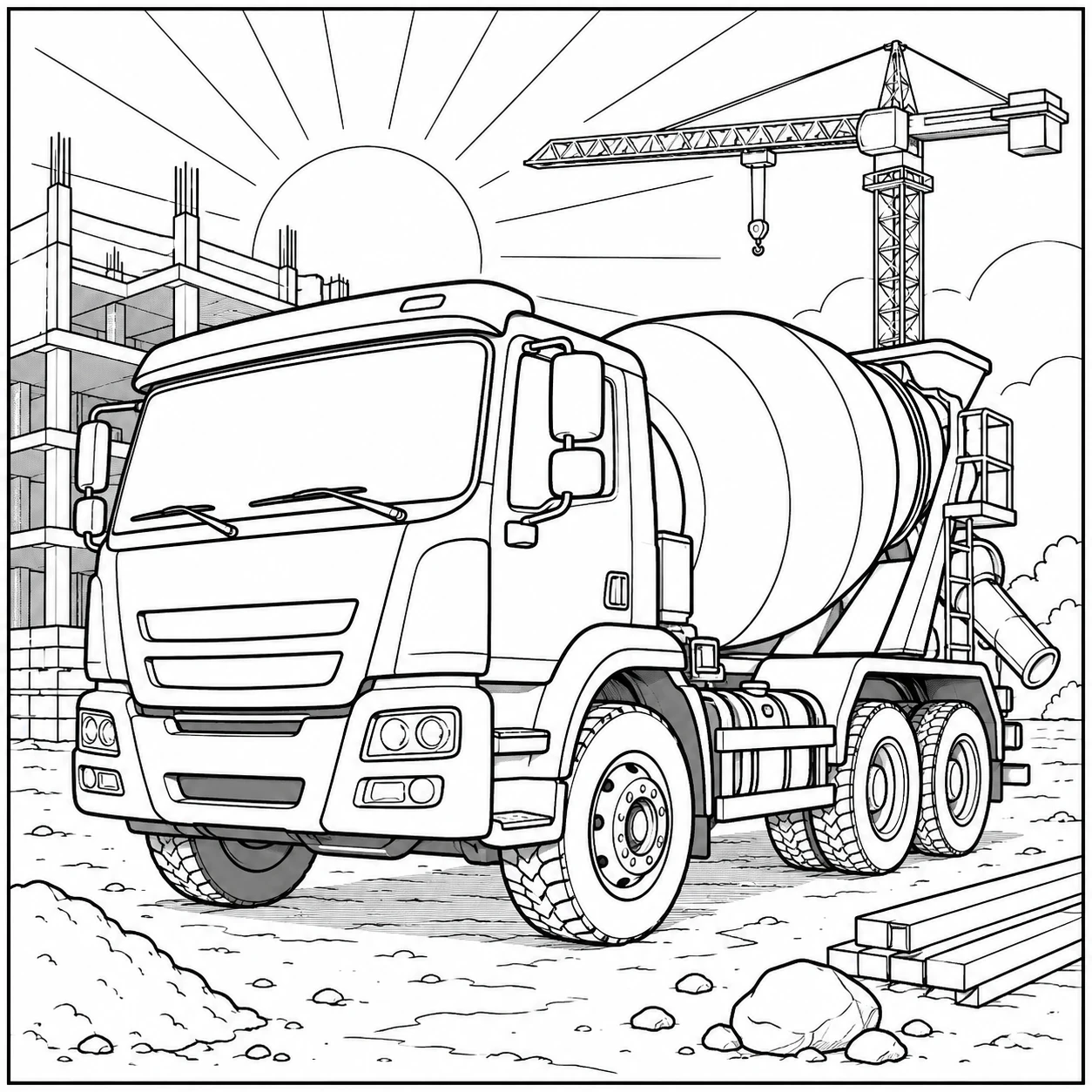 Betonmixer op een bouwplaats bij zonsopgang, omringd door een hijskraan en ruwbouw.