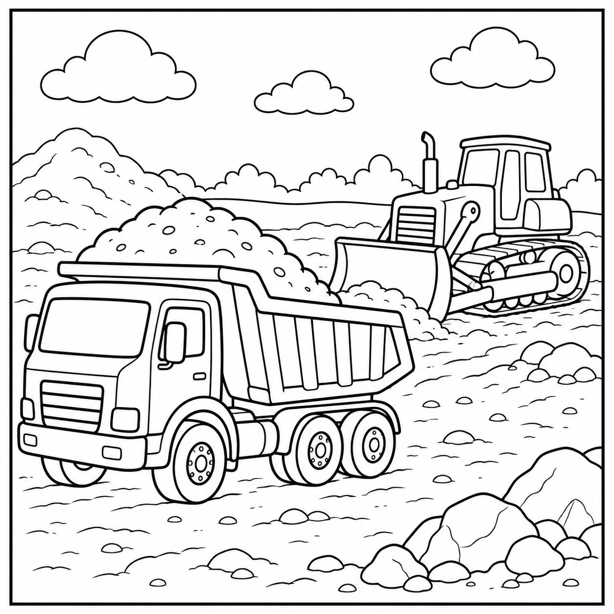 Kleurplaat kiepwagen met een bouwomgeving, heuvels en een tractor op de achtergrond