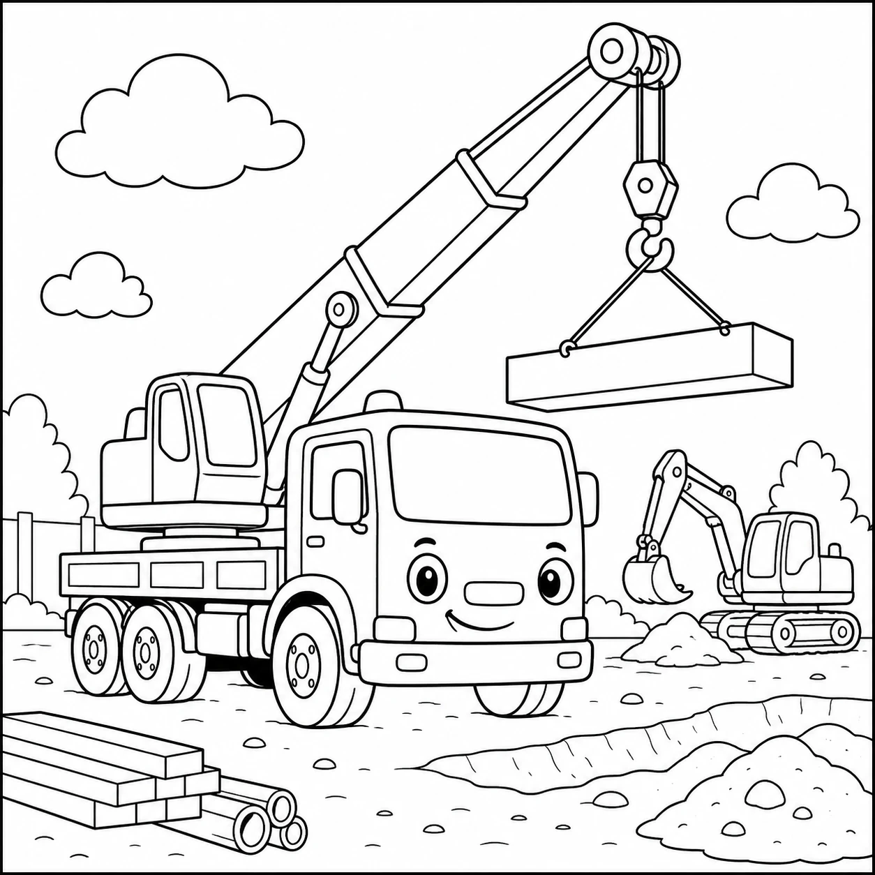 Grote kraantruck hijst een zware balk terwijl bouwmaterialen op de grond liggen.