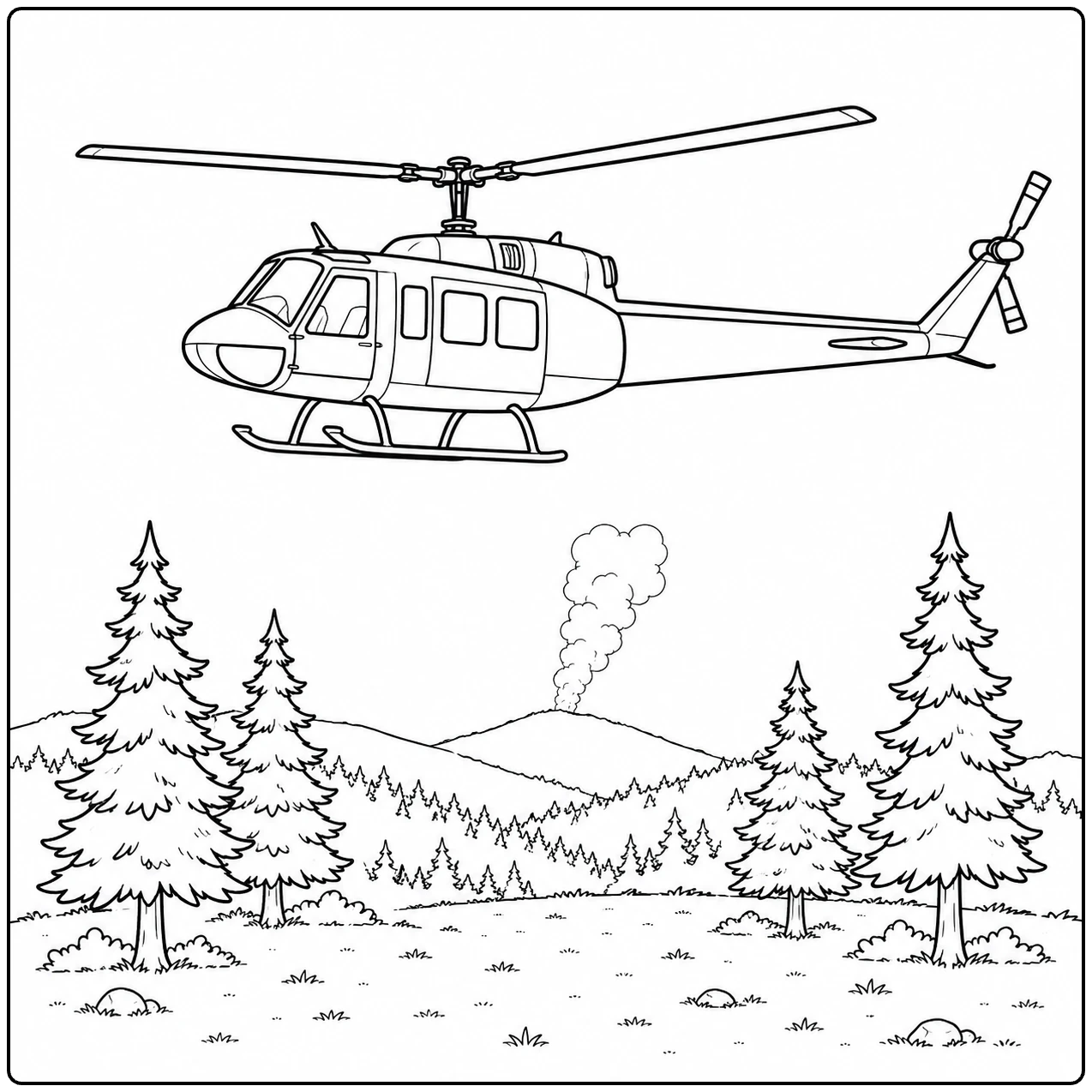 Een brandweerhelikopter vliegt boven dennenbossen en heuvels met een rookpluim in de verte