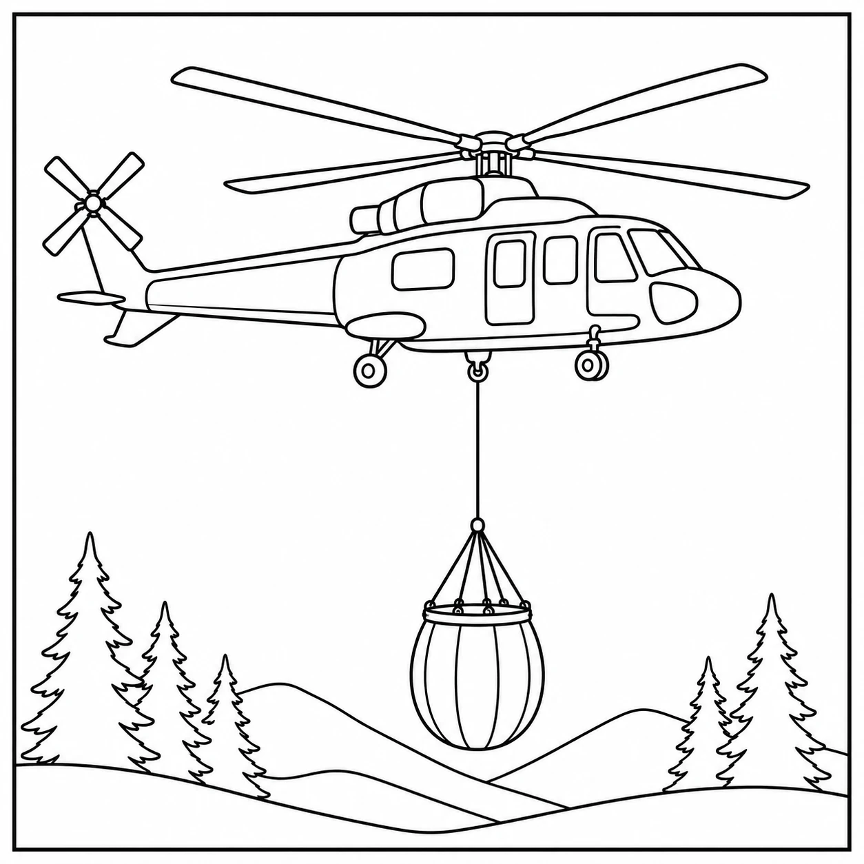 Brandweerhelikopter draagt een grote waterzak boven heuvels en een eenvoudig dennenbos