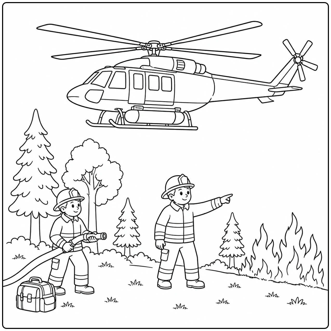 Twee brandweerlieden begeleiden een helikopter tijdens een blusactie aan de bosrand
