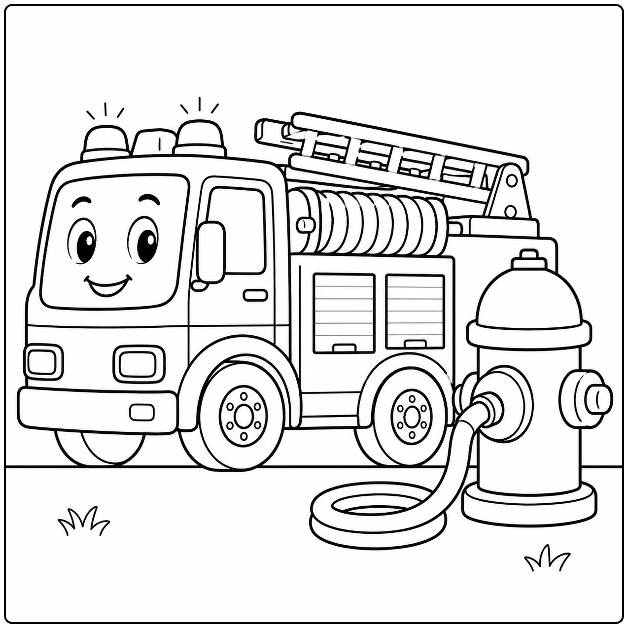 Smilende brandweerwagen naast een grote brandkraan met een korte opgerolde brandslang